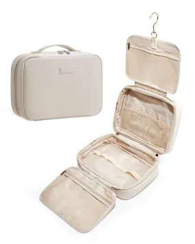 EACHY Toiletry Bag with Hanging Hook, Travel Makeup Bag PU Leather Cosmetic Bags for Women Make Up Organizer with 4 Compartments Waterproof Full-Size Portable Travel Essentials (Berige)